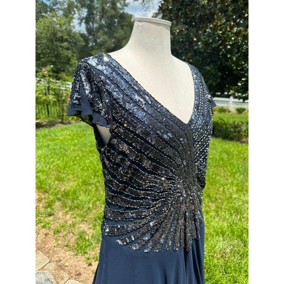 J Kara Gown Maxi Dress Sequin Beaded V Neck V Back Flutter Sleeve A-Line Blue 16 - Picture 5 of 16